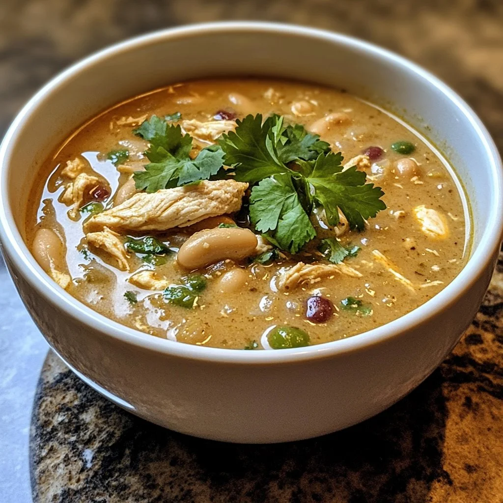 Bowl of healthy white chicken chili topped with fresh herbs and avocado