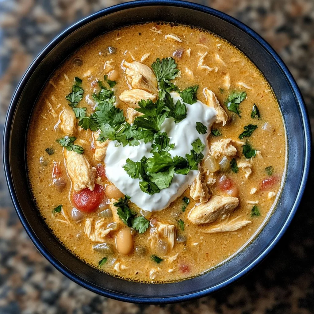 Bowl of healthy white chicken chili with fresh ingredients and garnishes