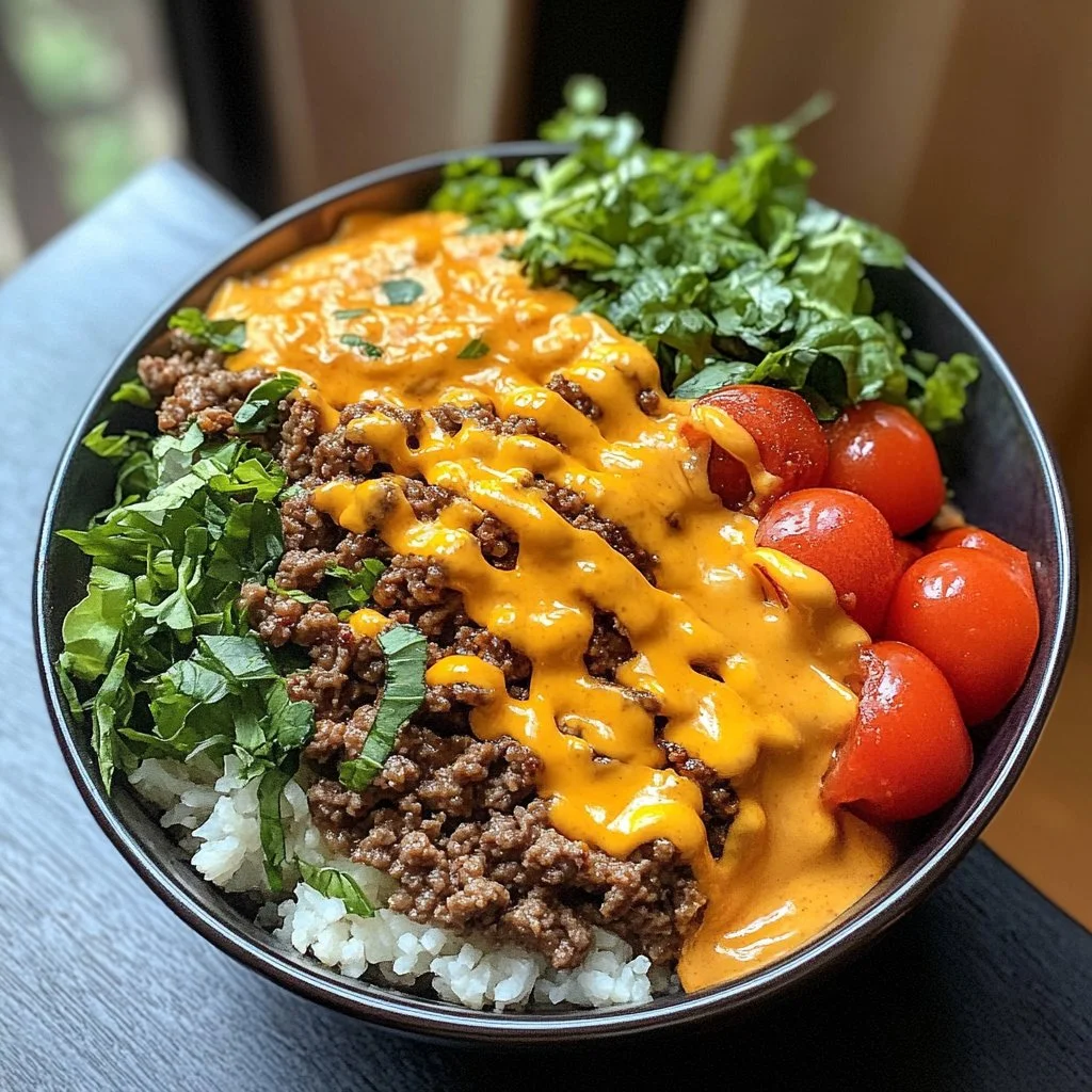 High-protein cheeseburger bowl with fresh ingredients and toppings