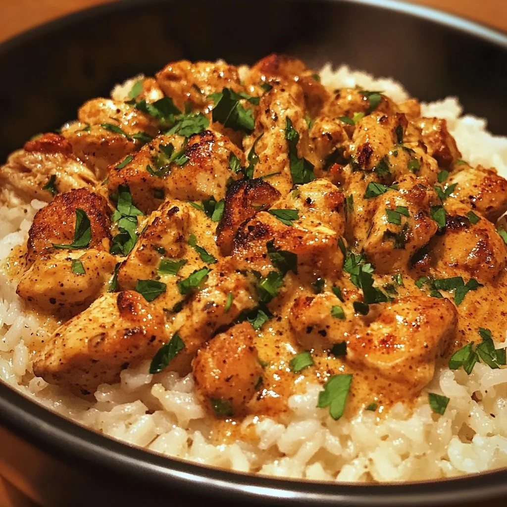 High protein creamy Cajun chicken served with rice in a delicious bowl