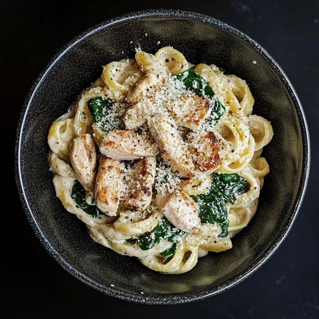 High protein garlic parmesan pasta bowl with fresh ingredients