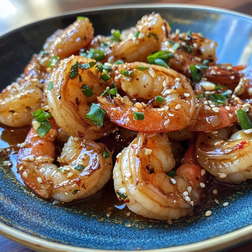 Plate of high-protein honey garlic shrimp with vegetables