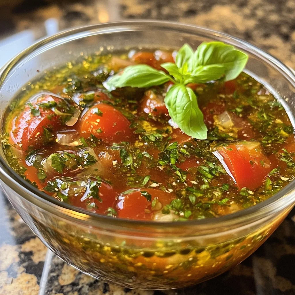 A bowl of homemade Italian dressing with fresh herbs and spices.