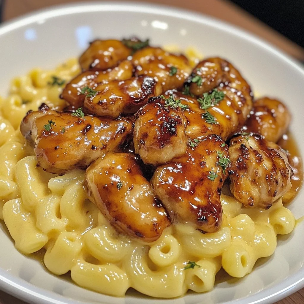 Honey Garlic Butter Chicken Mac and Cheese dish with creamy texture and garnishes