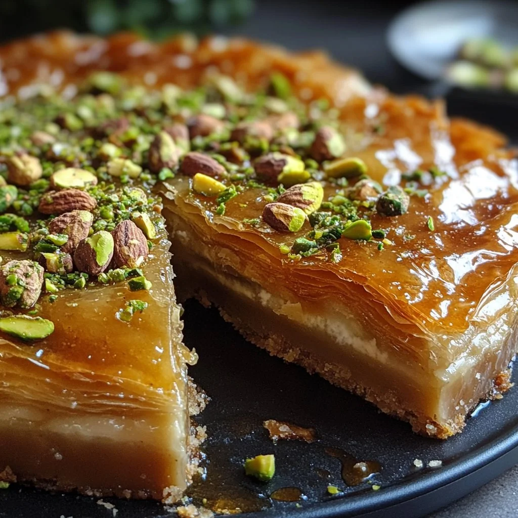 Delicious honey pistachio baklava cheesecake with a golden crust and creamy filling