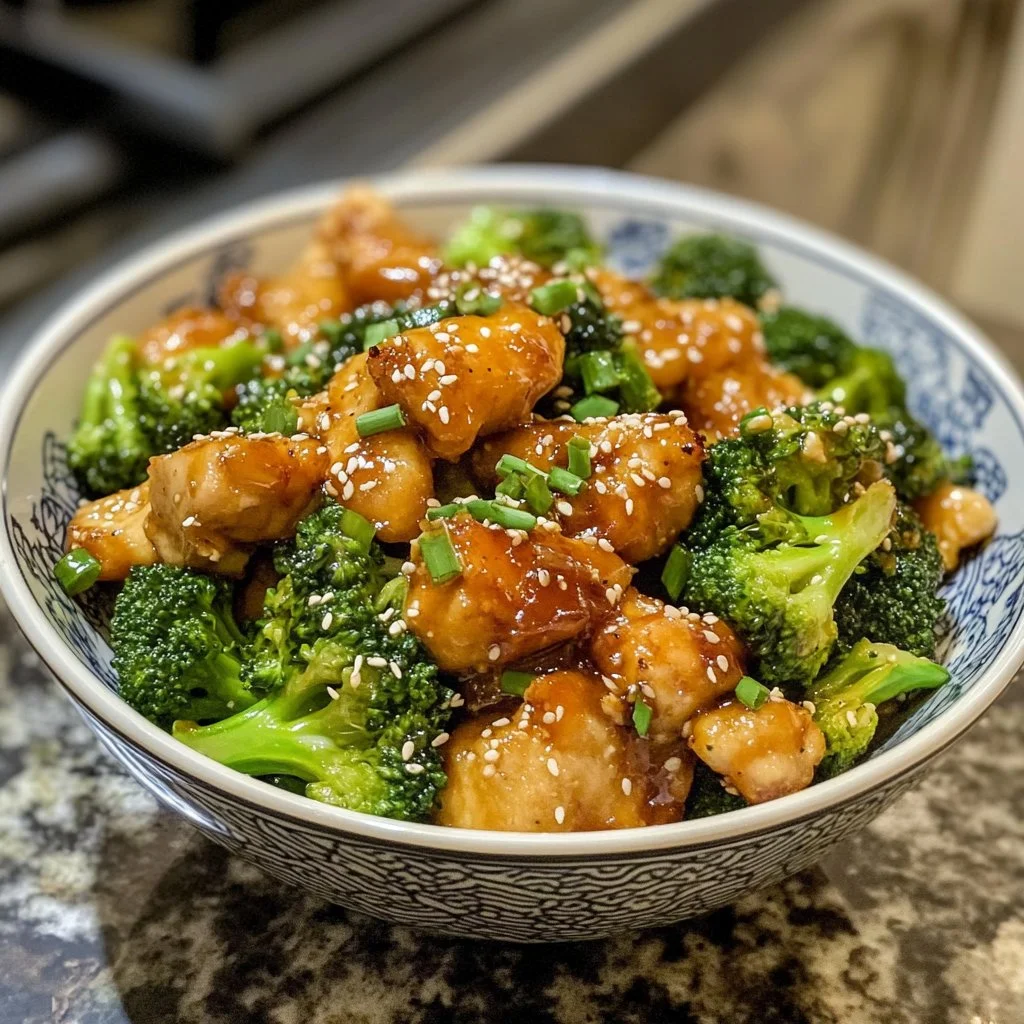 Honey Sesame Chicken and Broccoli dish garnished with sesame seeds