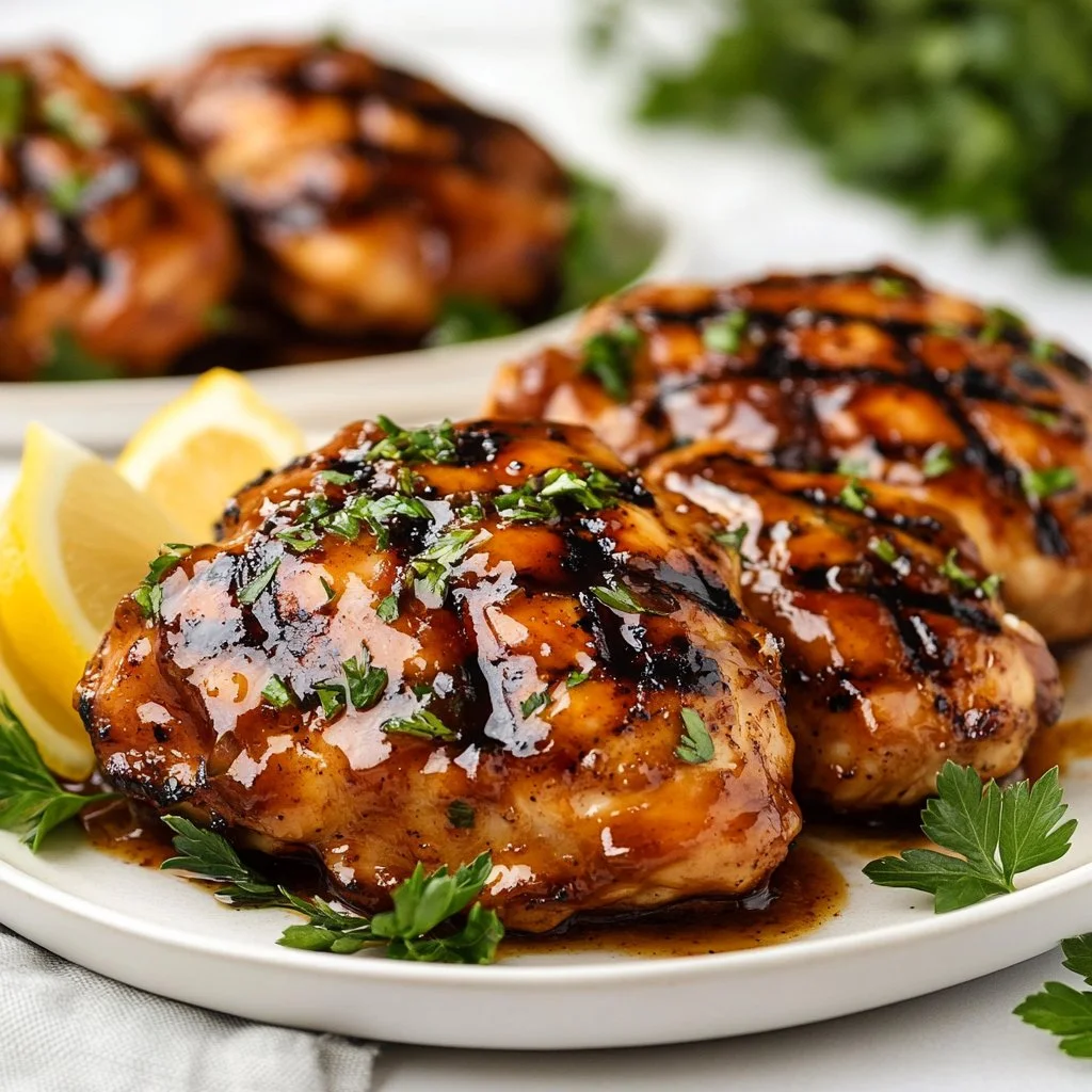 Delicious hot honey grilled chicken garnished with herbs, served on a plate.