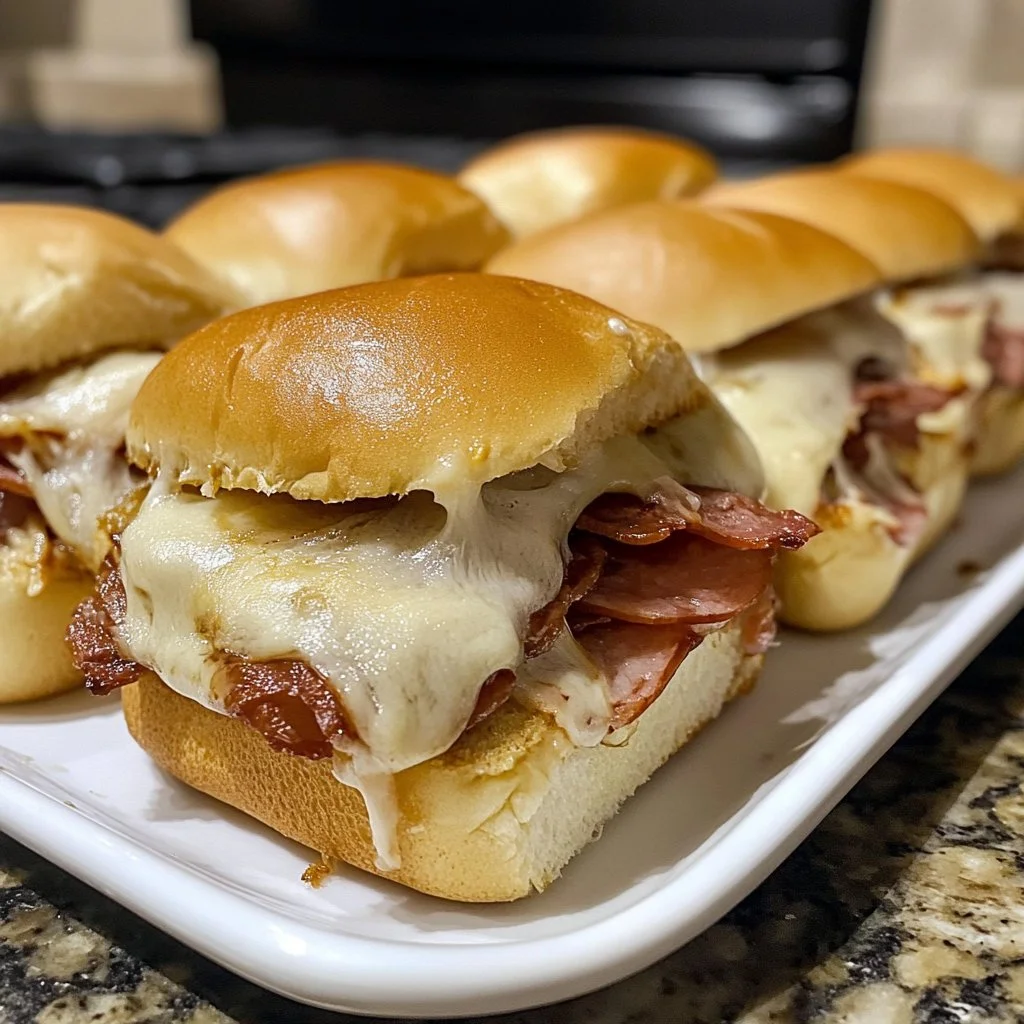 Tray of hot Italian sub sliders with fresh ingredients and melted cheese