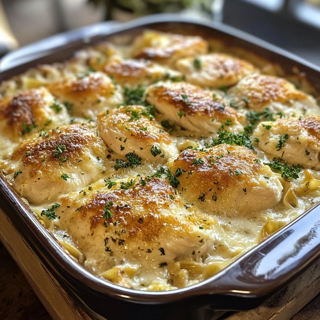 Ina Garten's delicious chicken casserole recipe served in a baking dish
