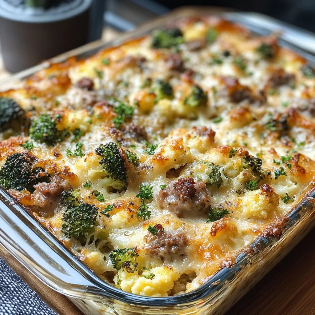 Indulgent Keto Au Gratin with broccoli, cauliflower, and sausage dish