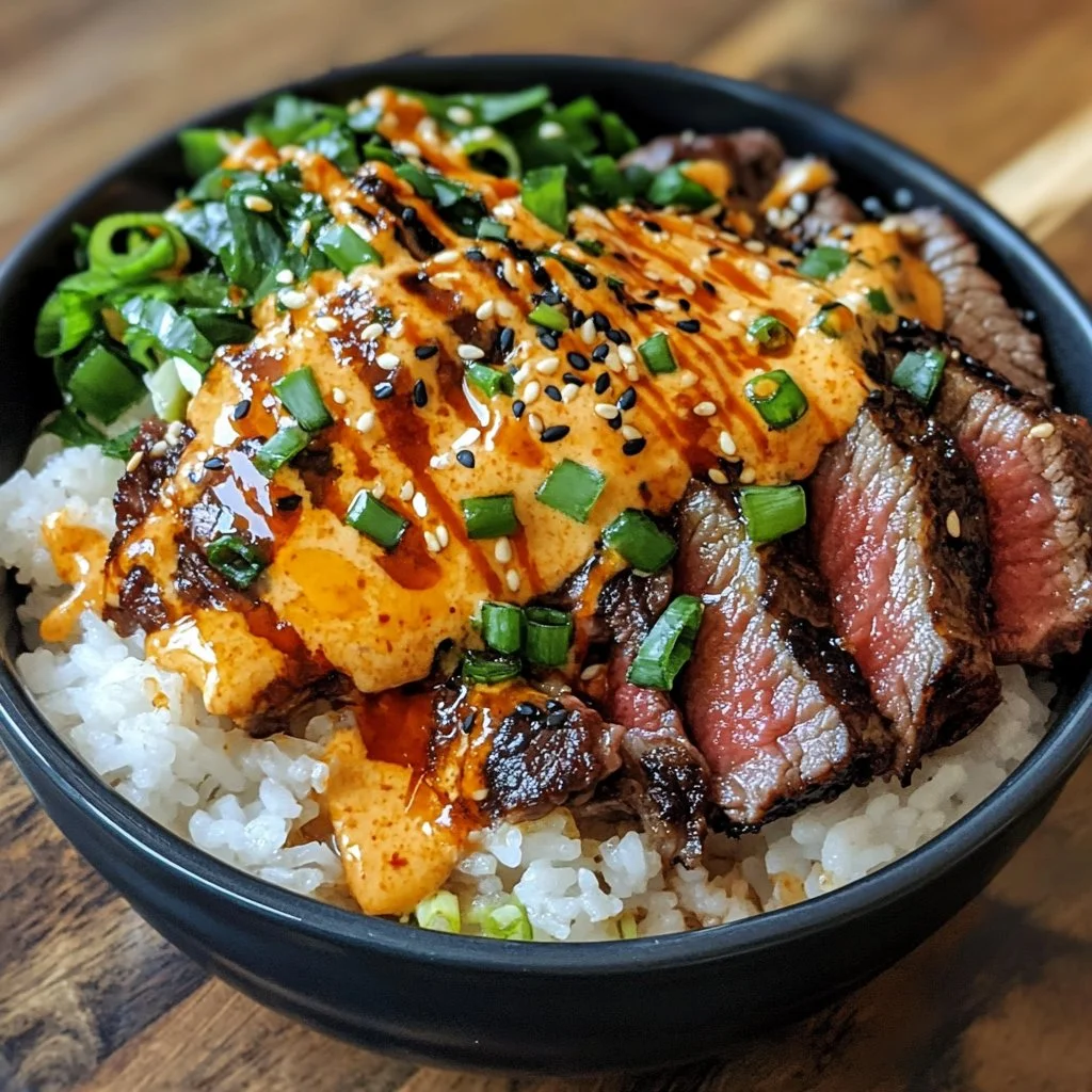 Korean BBQ Steak Rice Bowls with Spicy Cream Sauce