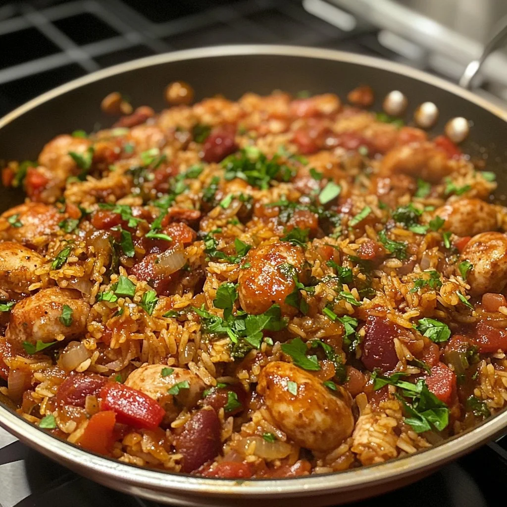 A bowl of colorful jambalaya with rice, vegetables, and shrimp
