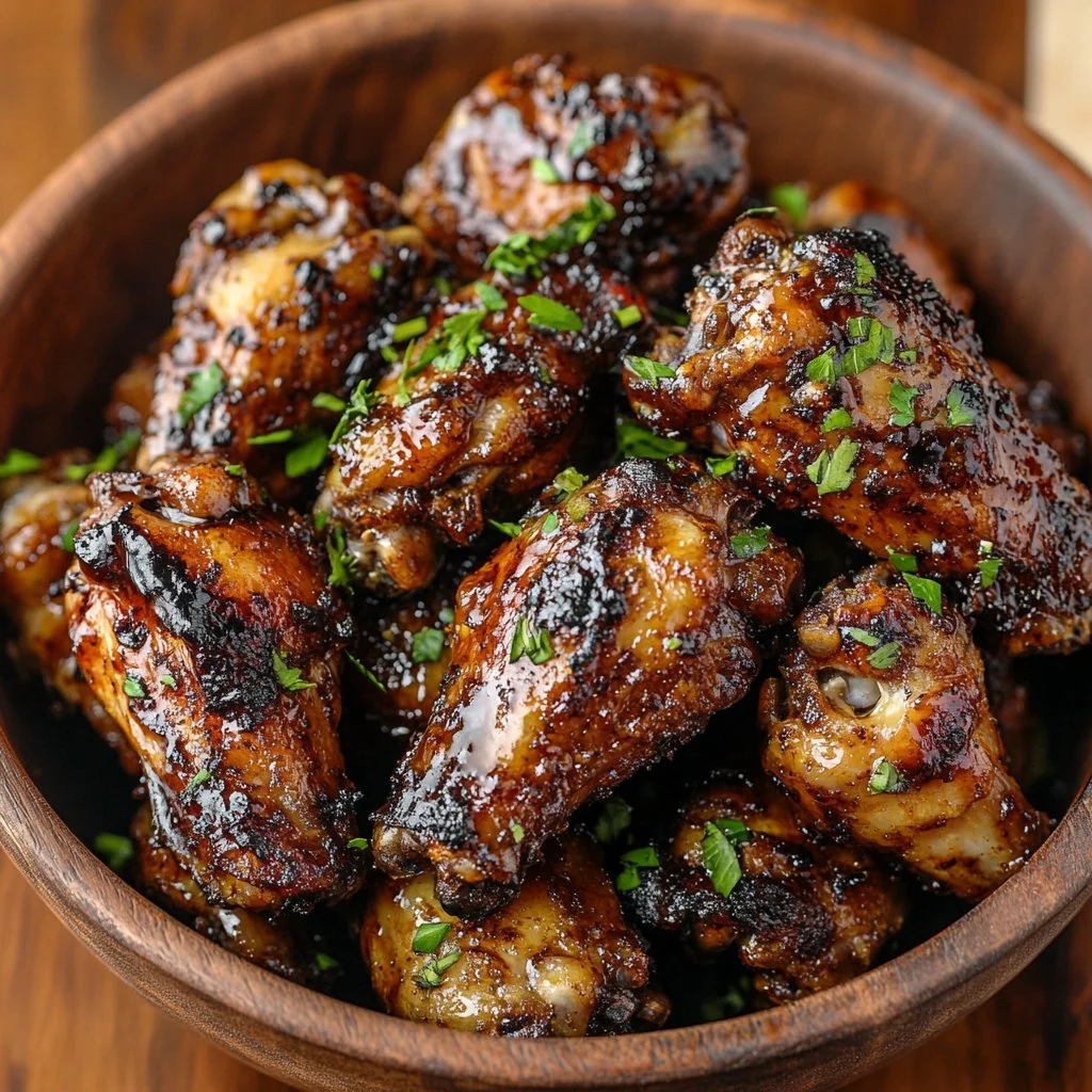 Delicious homemade jerk chicken wings garnished with herbs and spices