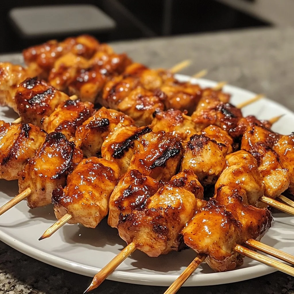Deliciously grilled juicy BBQ chicken skewers on a platter