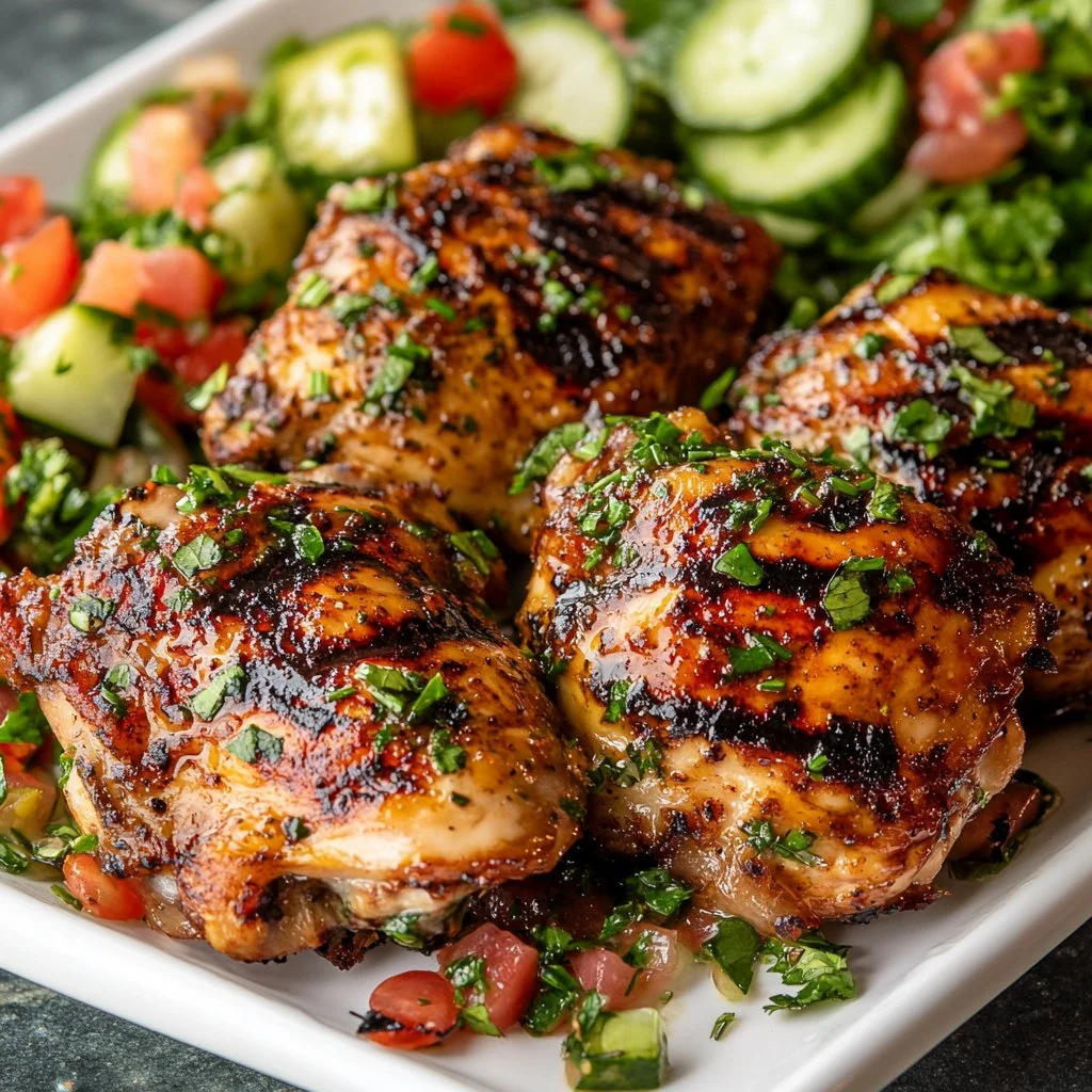 Plate of juicy Mediterranean chicken marinated in herbs and spices