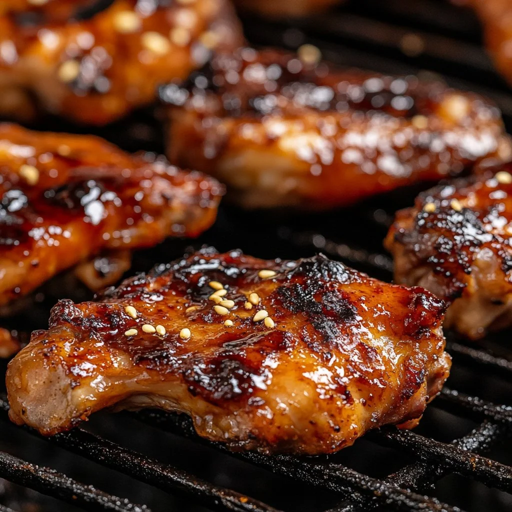 Kalbi chicken legs cooked in an air fryer, garnished with sesame seeds and green onions