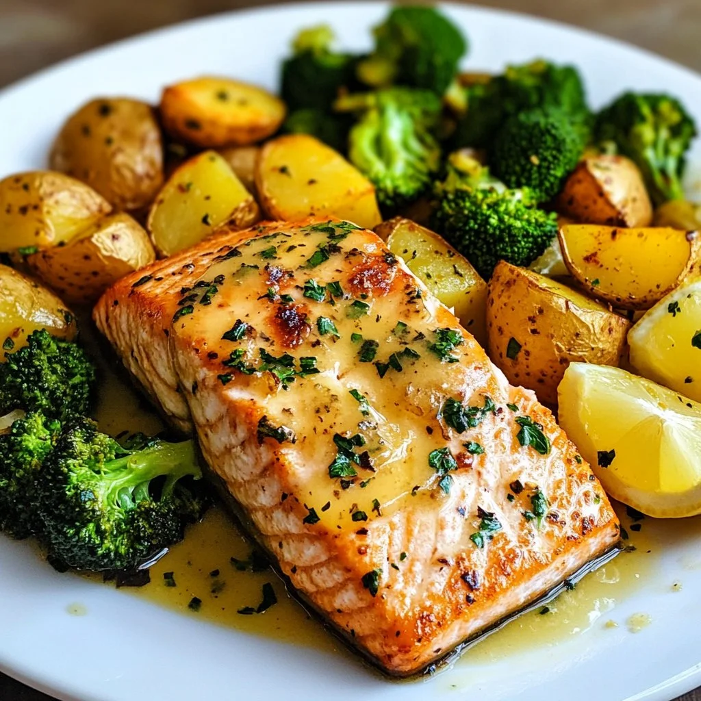 Lemon Butter Salmon served with roasted potatoes and broccoli on a plate