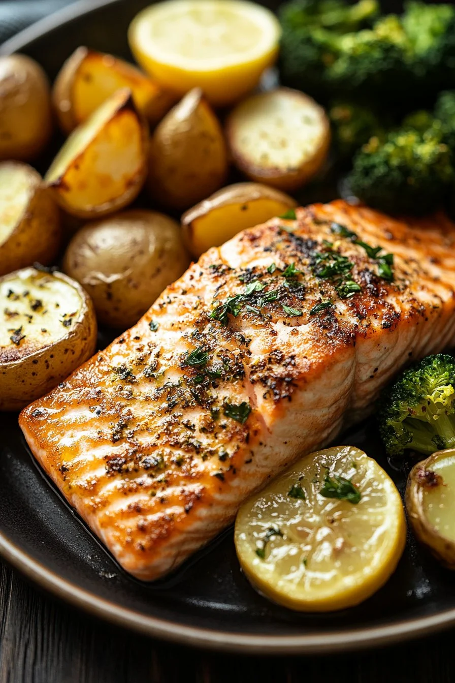 Lemon Butter Salmon with Roasted Potatoes and Broccoli