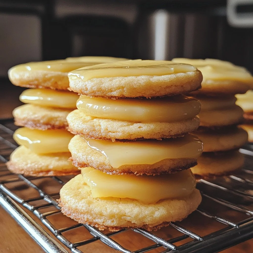 Lemon curd cookies with a golden yellow filling and powdered sugar on top