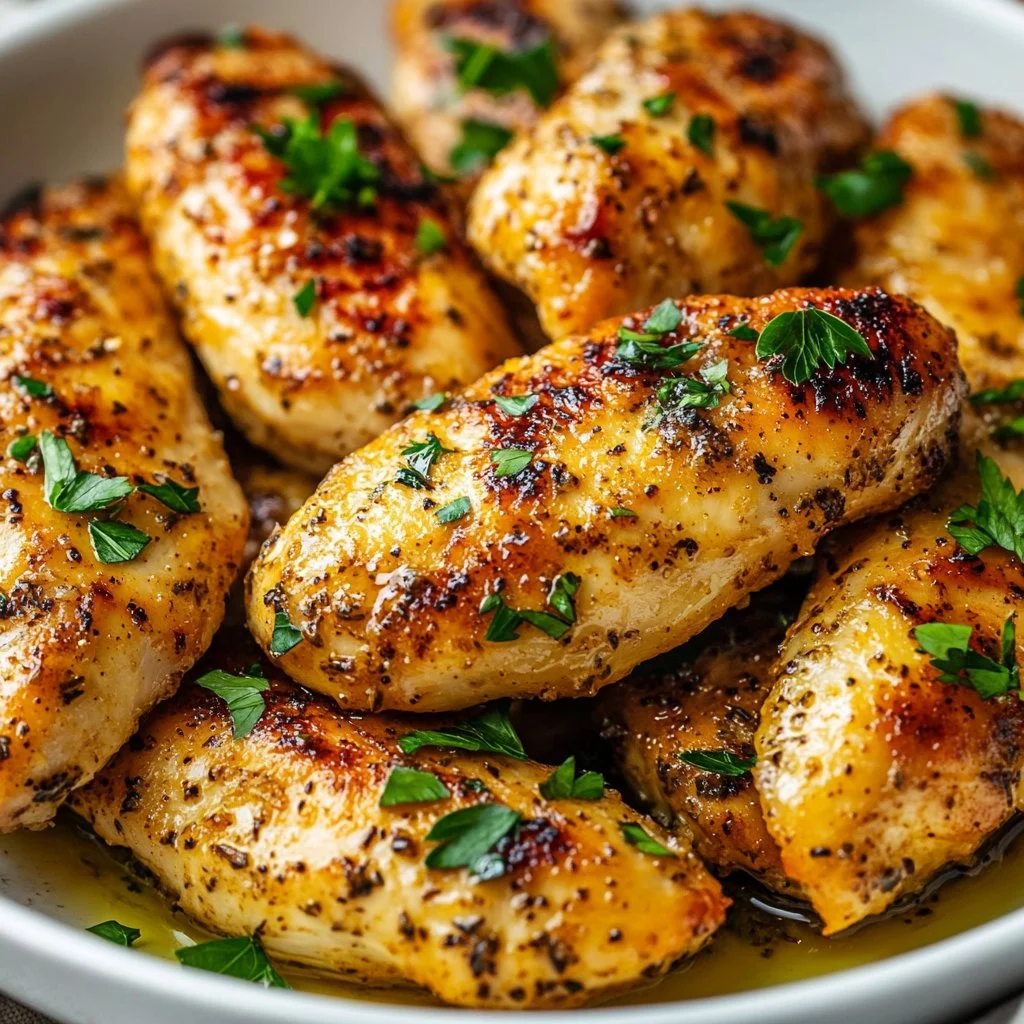 Plate of lemon garlic herb chicken garnished with herbs and lemon slices