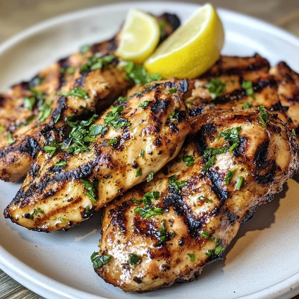 Plate of lemon herb grilled chicken garnished with fresh herbs