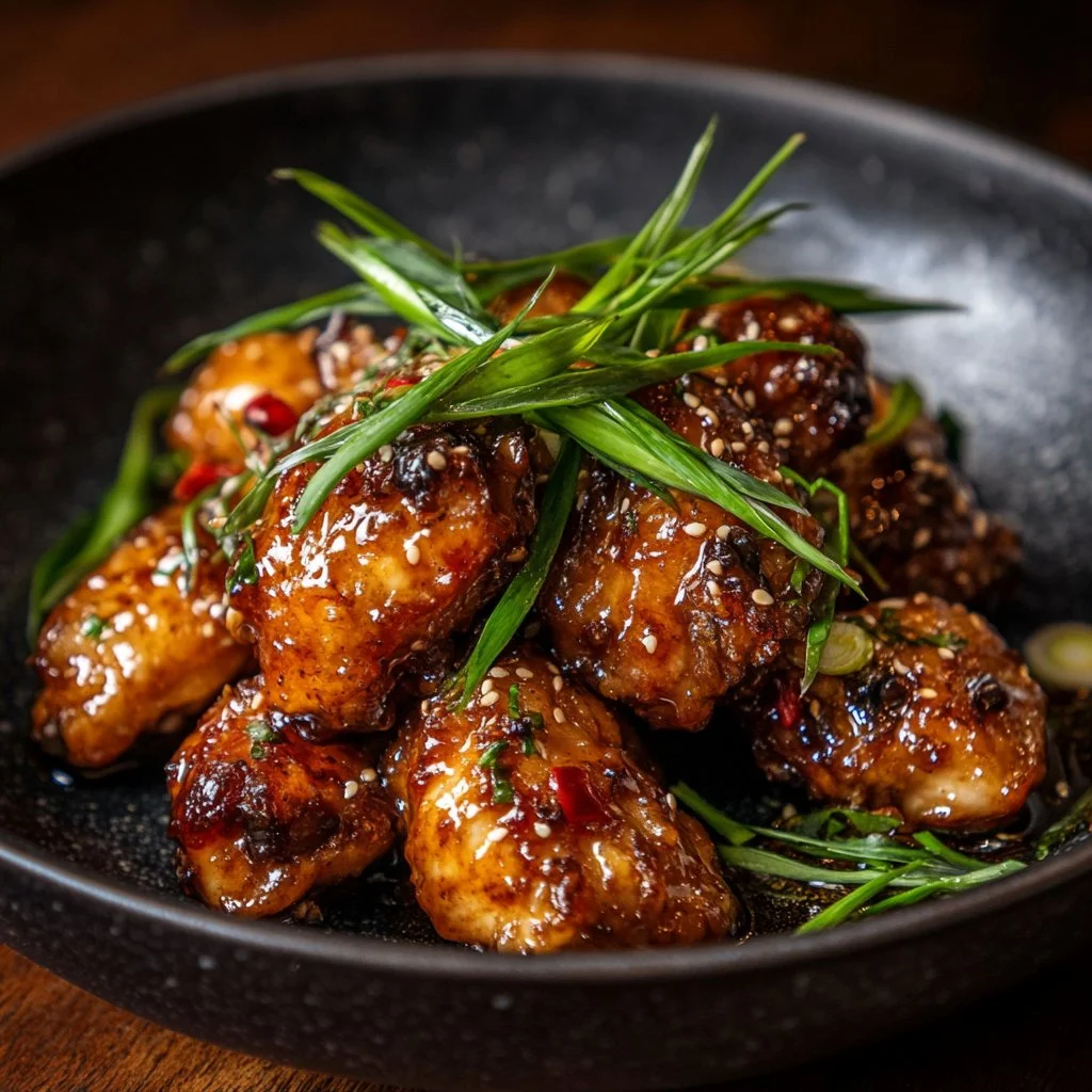 Plate of flavorful lemongrass chicken garnished with herbs and served hot