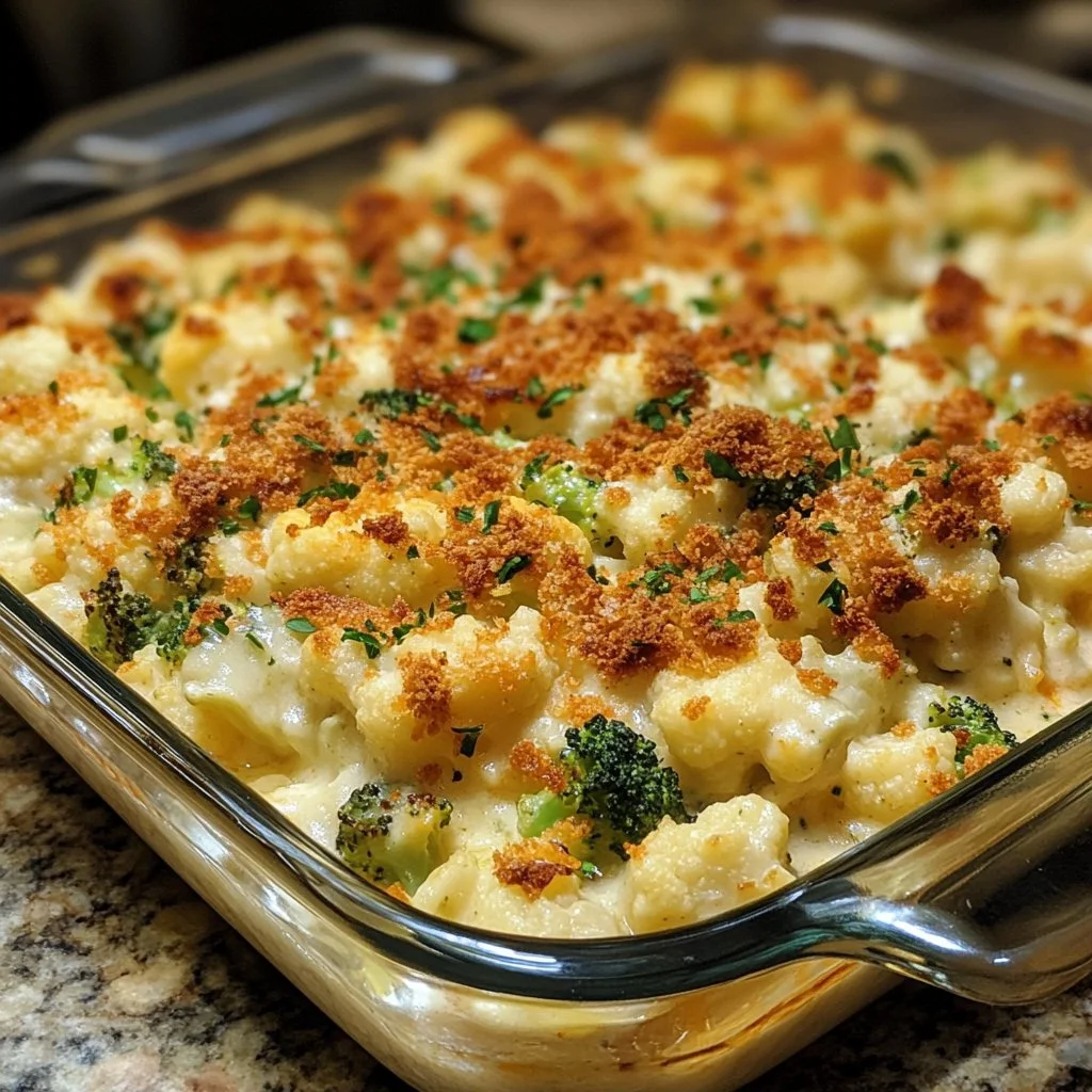 Loaded Cauliflower and Broccoli Casserole topped with cheese and herbs