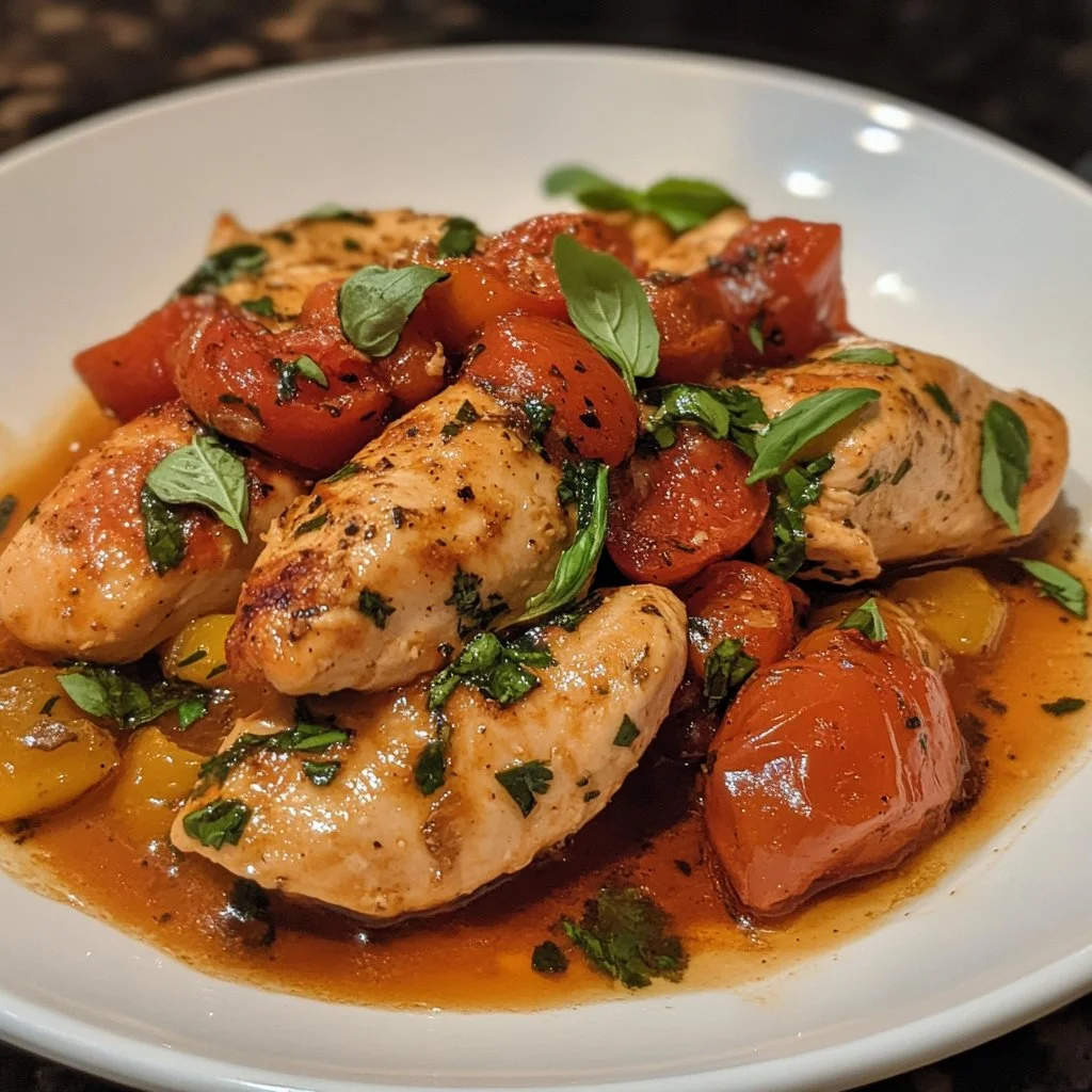 Low-Carb Tuscan Chicken served on a plate with vegetables and herbs