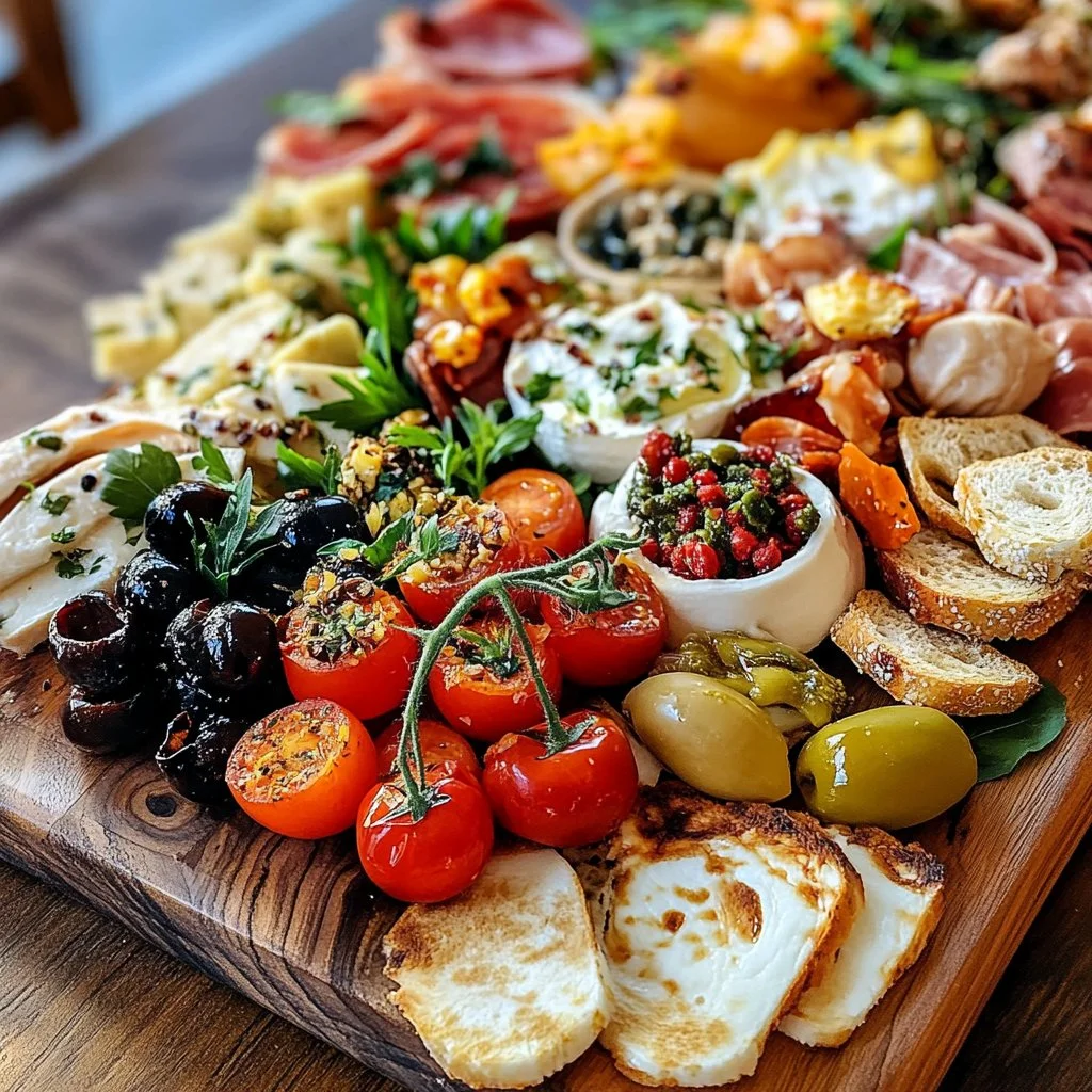 Mediterranean brunch board featuring olives, hummus, and fresh veggies.