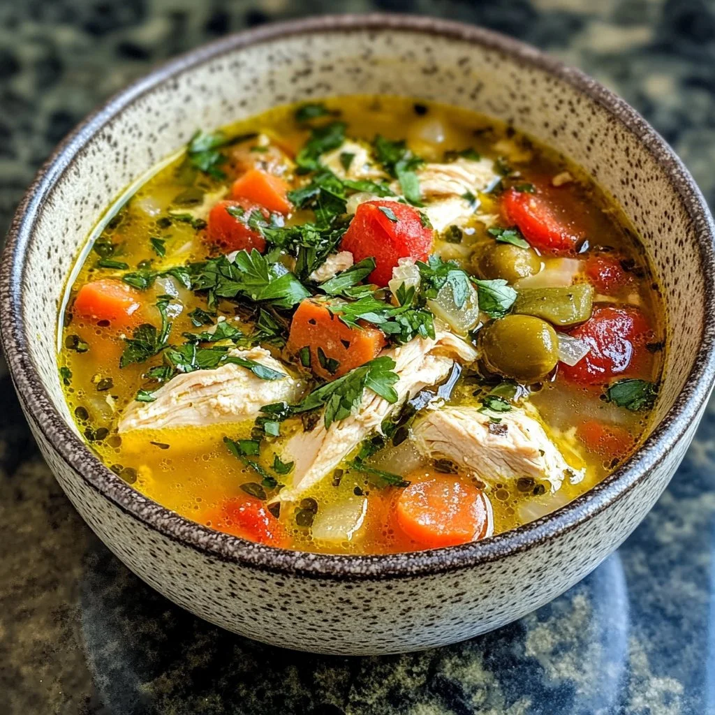 Delicious Mediterranean chicken soup made with fresh vegetables and herbs