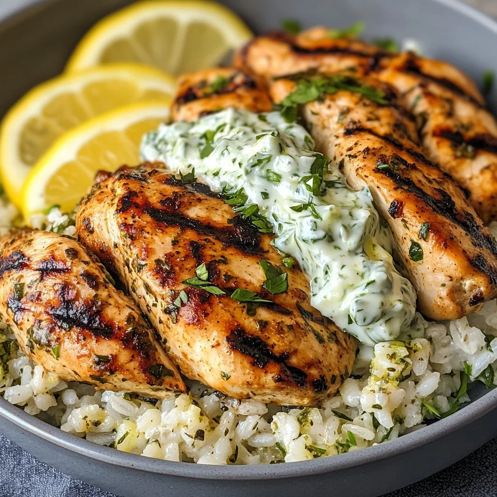 Mediterranean grilled chicken garnished with herbs and lemon