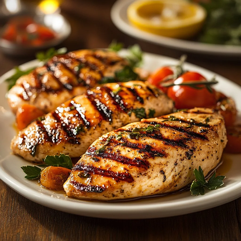 Mediterranean grilled chicken breasts served with fresh vegetables