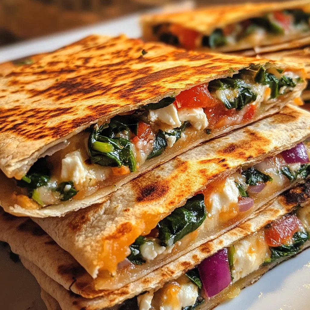 Delicious Mediterranean Quesadillas with spinach, feta, mozzarella, and red onion