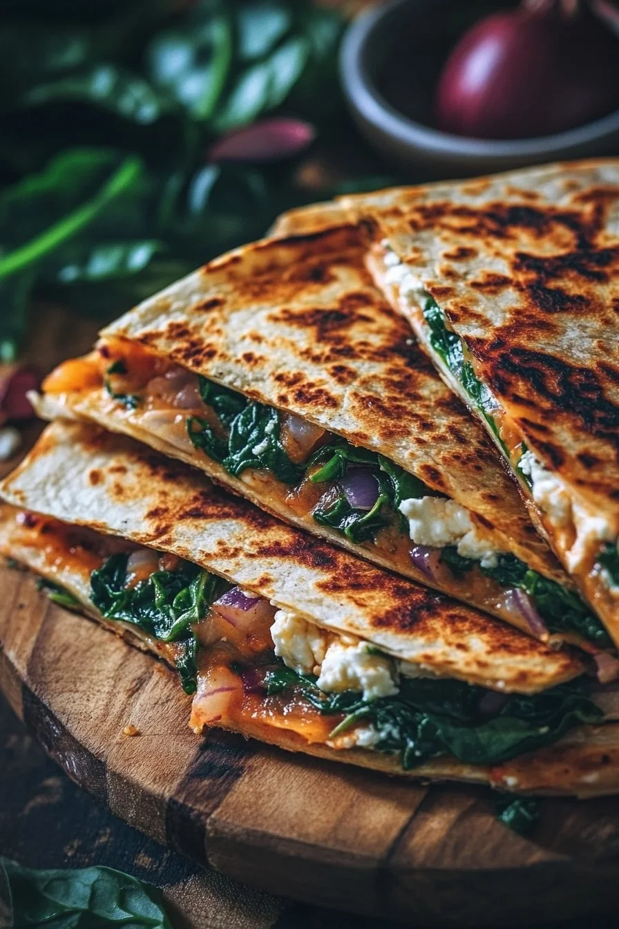 Mediterranean Quesadillas with Spinach, Feta, Mozzarella, and Red Onion