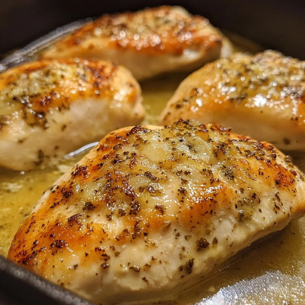 Juicy melt-in-your-mouth chicken breasts served on a plate with herbs and spices