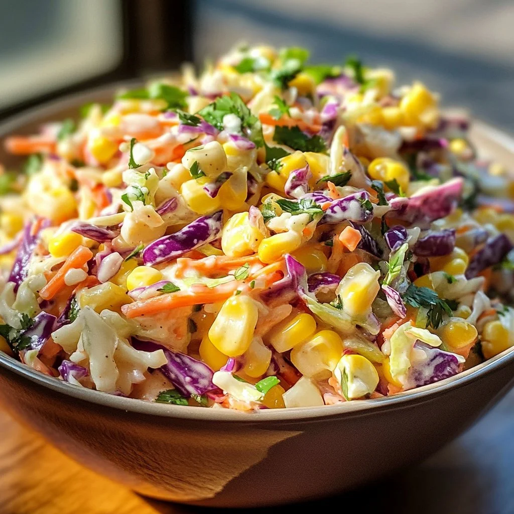 Bowl of Mexican street corn coleslaw with vibrant colors and fresh ingredients