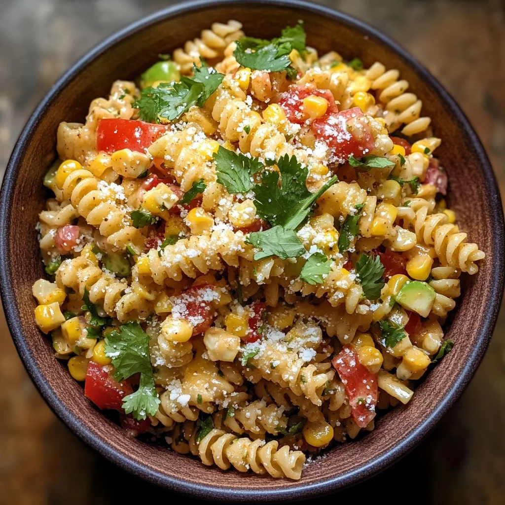 Colorful Mexican Street Corn Pasta Salad with fresh ingredients