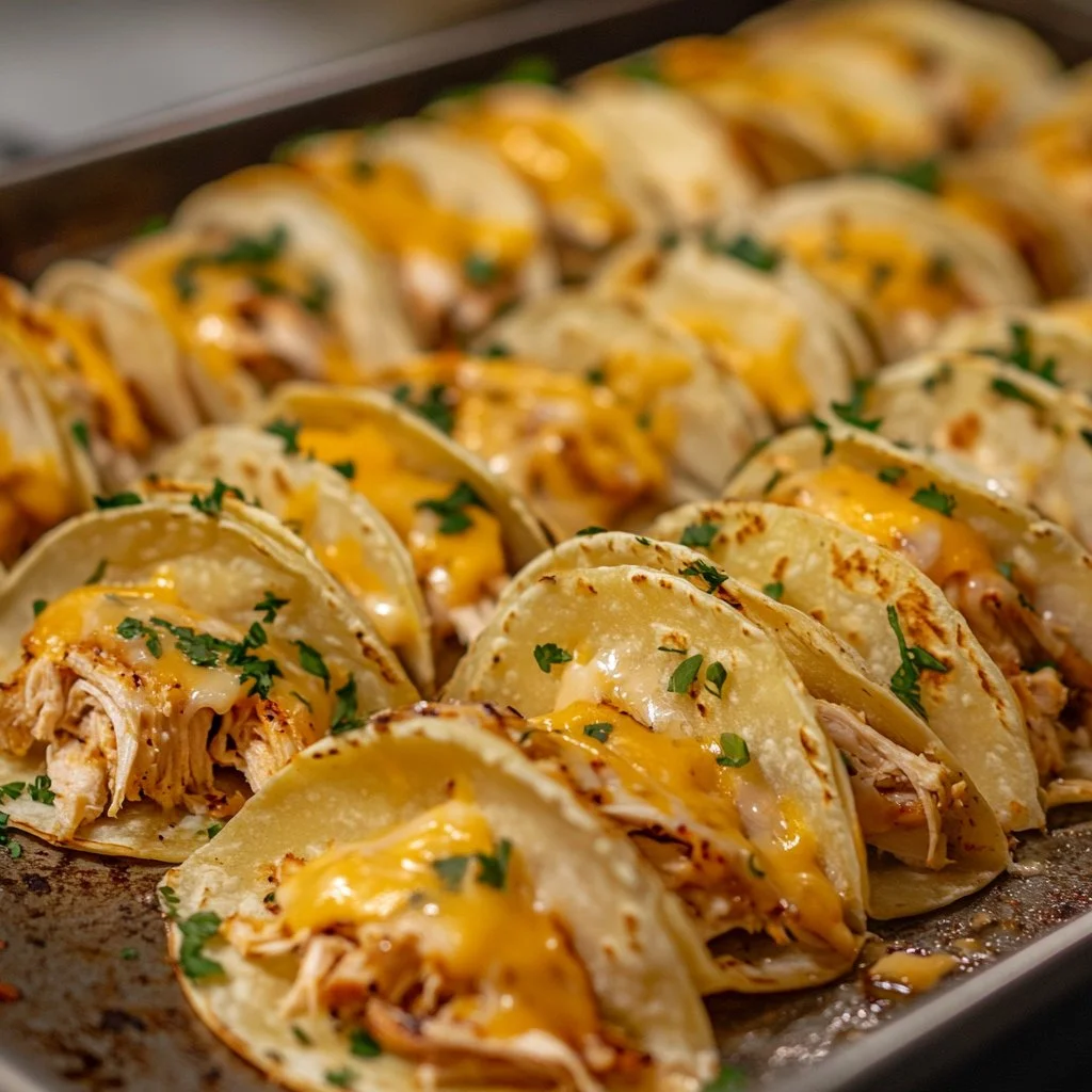 Plate of mini baked chicken tacos topped with fresh ingredients.