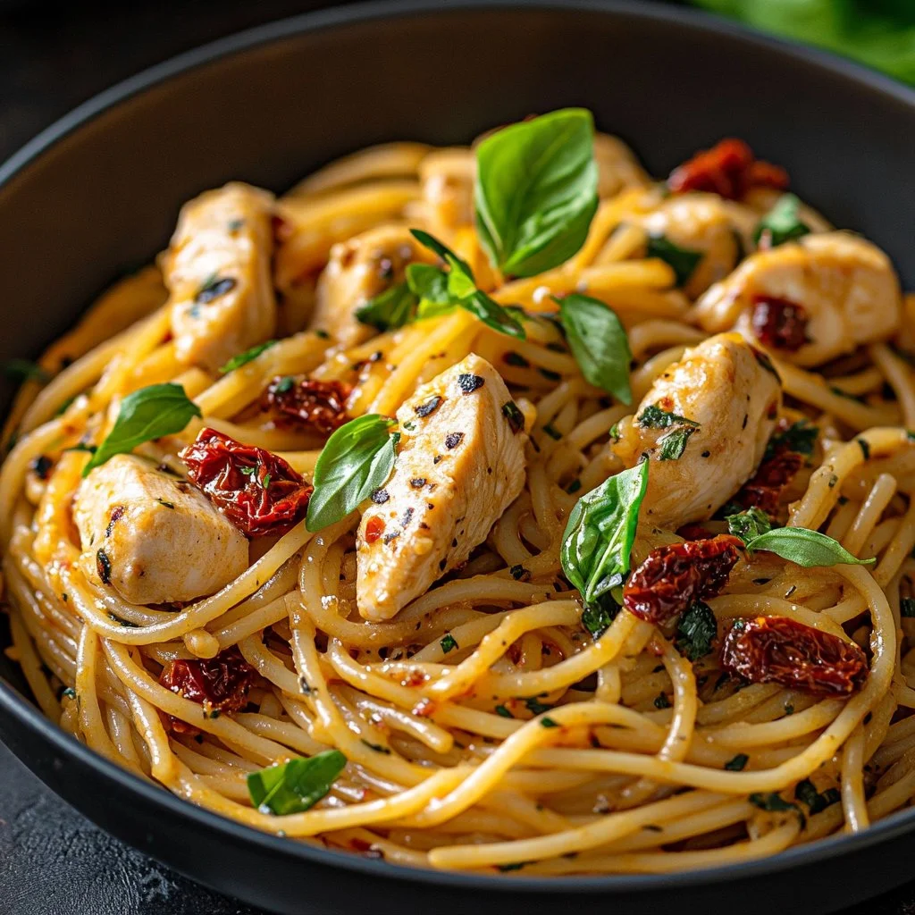 Delicious Monterey Chicken Spaghetti served in a bowl, garnished with herbs