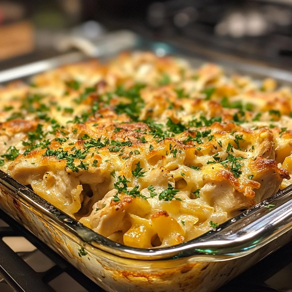 No Peek Chicken Casserole topped with cheese and herbs in a baking dish
