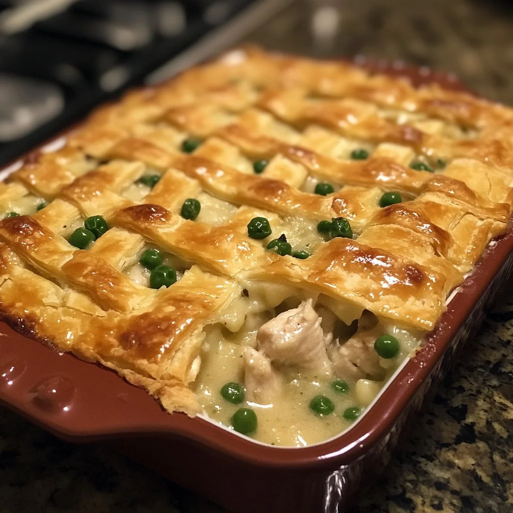 Delicious Noodle Chicken Pot Pie Casserole served in a baking dish