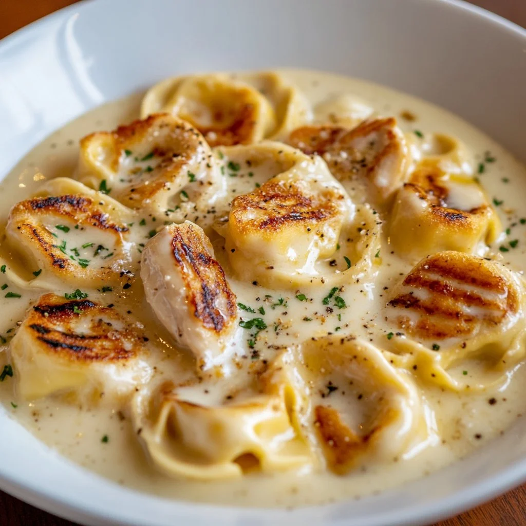 Olive Garden's Asiago Tortelloni Alfredo dish with grilled chicken and creamy sauce