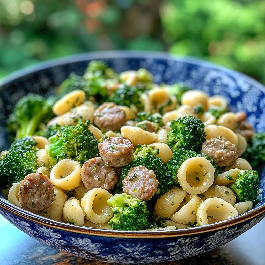 Plate of orecchiette pasta with sausage and broccoli
