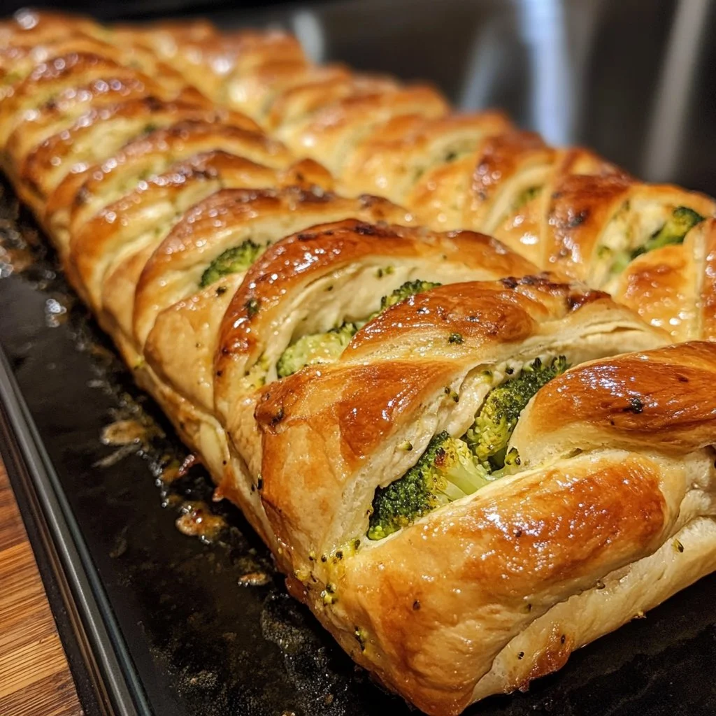 Pampered Chef Chicken Broccoli Braid, a delicious meal with chicken and broccoli in flaky pastry.