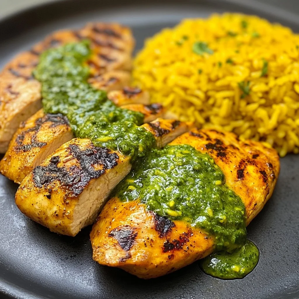 Delicious Peruvian chicken and rice served with vibrant green sauce