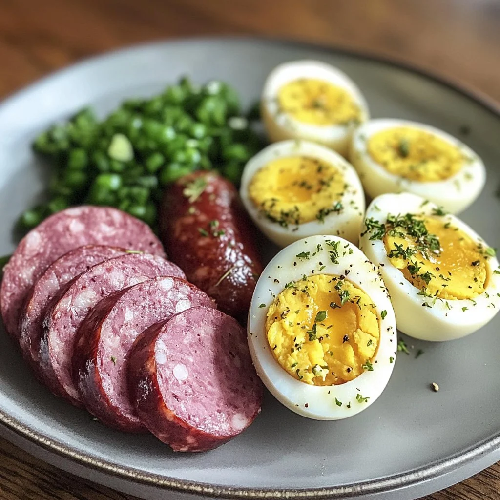 Plate of pickled summer sausage served with mustard eggs as a savory appetizer.