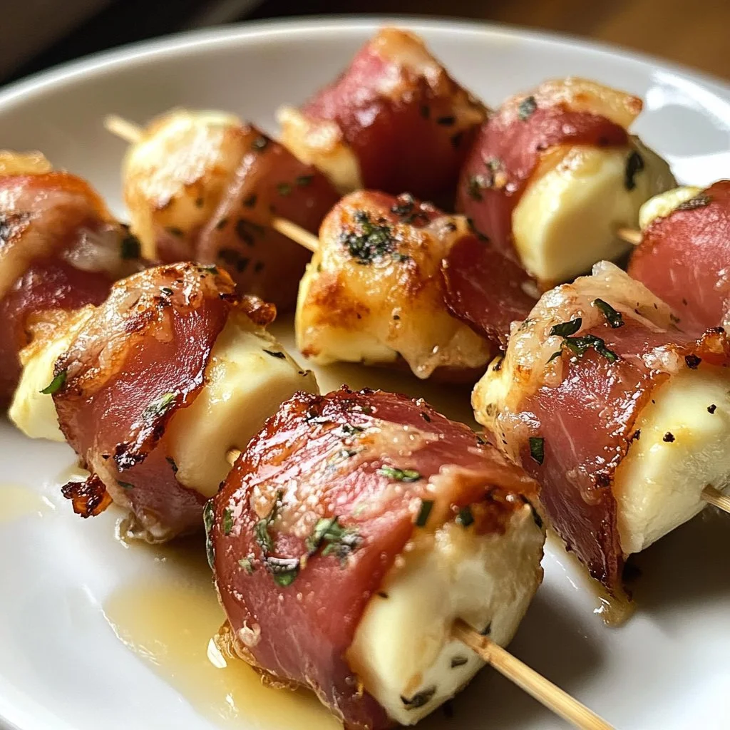 Plate of prosciutto wrapped mozzarella bites garnished with herbs