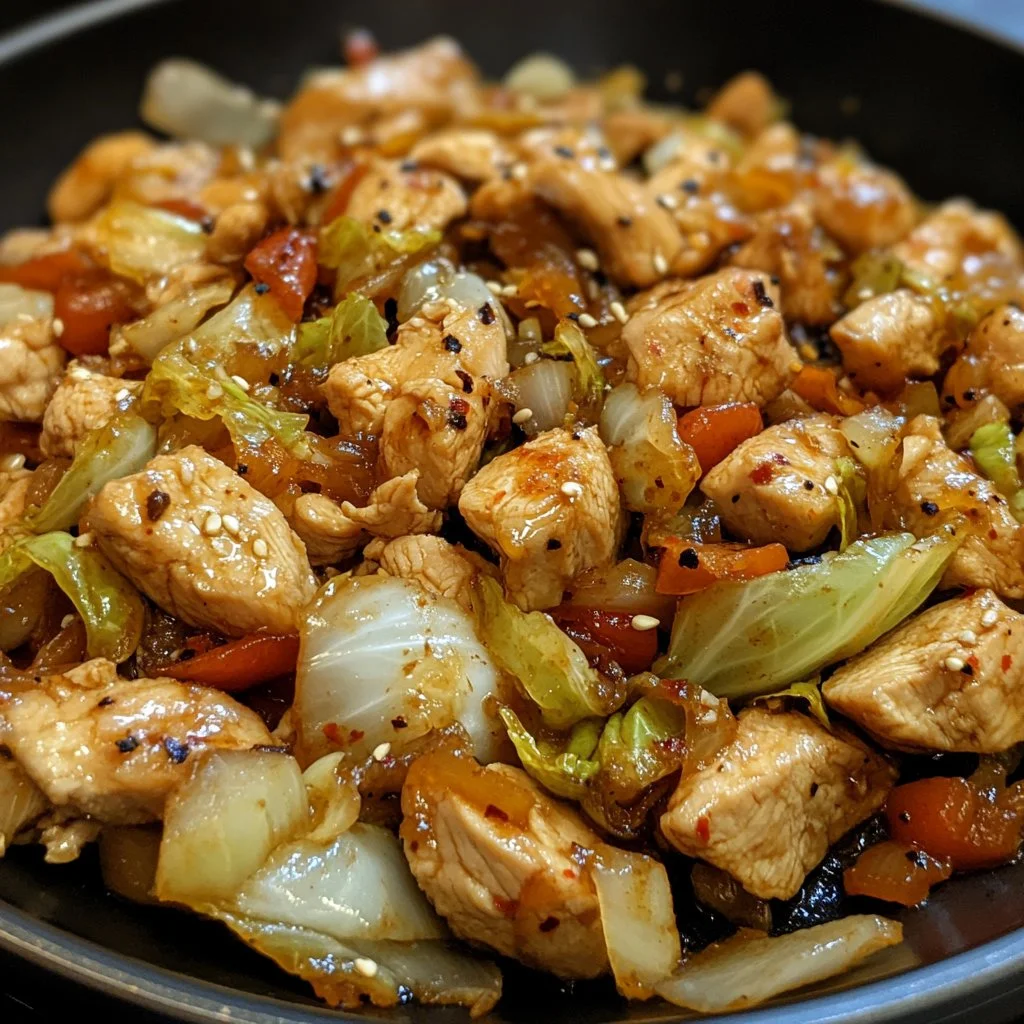 Delicious quick chicken cabbage stir-fry in a colorful bowl