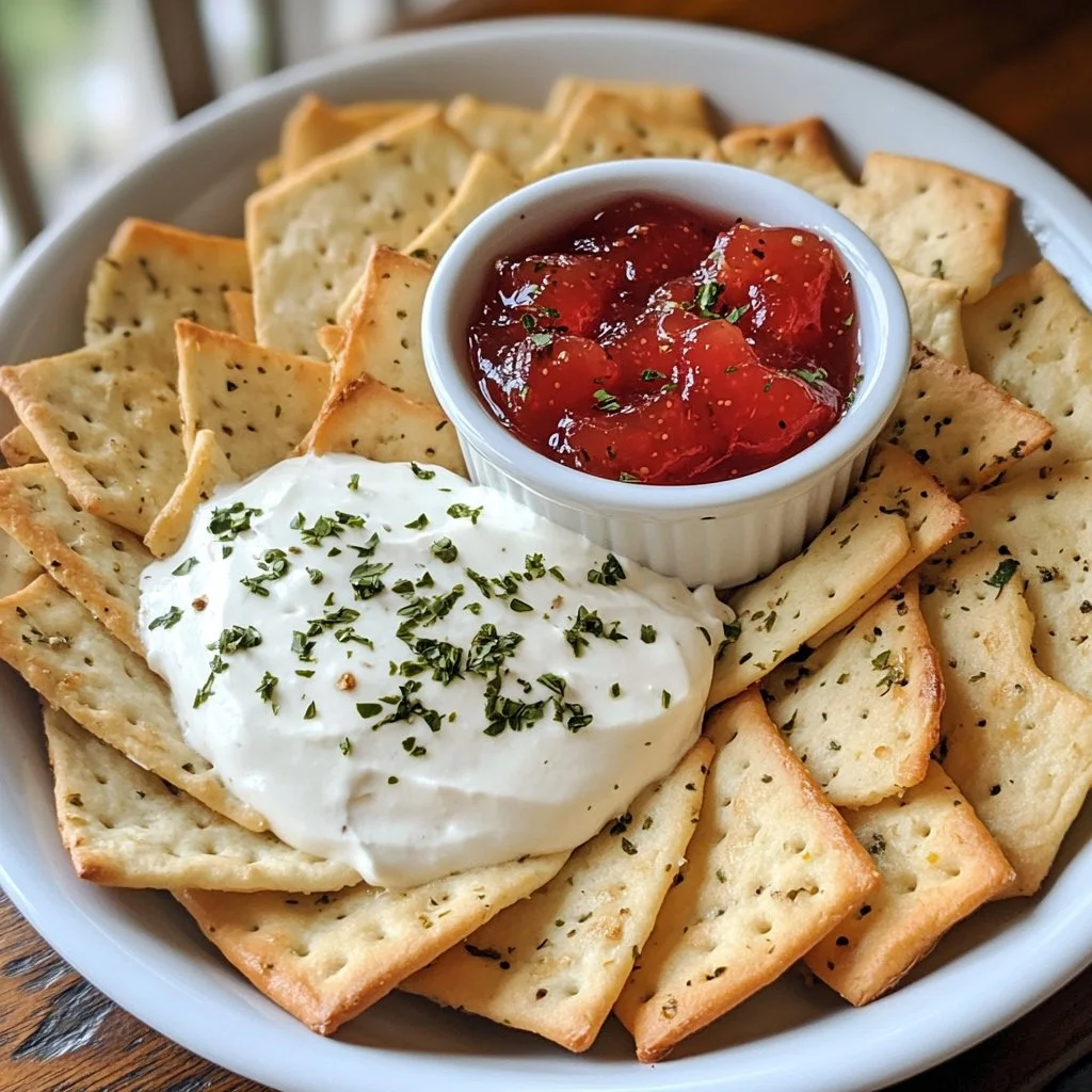 Quick pepper jelly cream cheese appetizer dip served with crackers.
