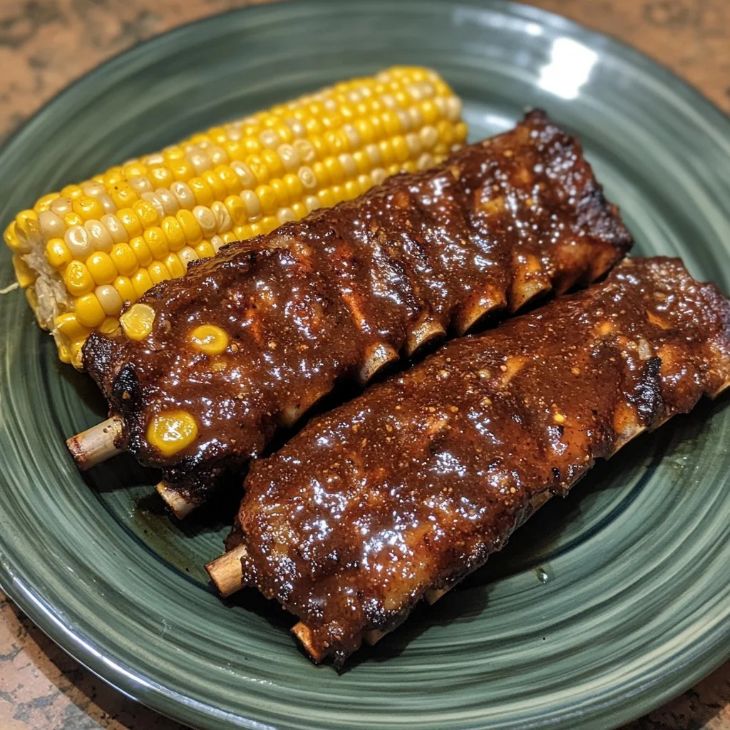 Delicious roasted corn ribs served on a plate with spices and herbs